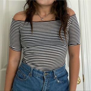 Lettuce-Edge Off-the-Shoulder Striped Top